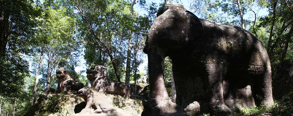Stone Elephants and Lions at Srah Damrei on Kulen Mountain